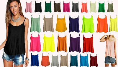 Womens Plain Cami Swing Vest Sleeveless Top Ladies Strappy Flared Cami Vest Top - Image 1 of 4