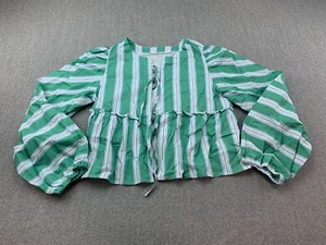 BOHO Tie Front Balloon Sleeve Top Blouse Womens Size M Green Stripe 100% Cotton - Picture 1 of 13