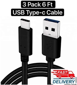 3-PK 6FT USB C Type-C Cable Fast Charger Type C Data Sync Charging Cable Cord BK - Picture 1 of 3