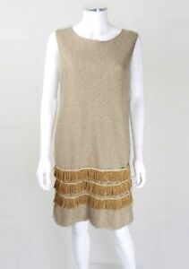 Vintage Dress | 1960s Vintage Metallic Gold Fringed Shift Dress Size 12/14 Mod