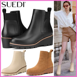 SUEDI Women Side Zipper Chelsea Boots Cushioning Wedge Heel Platform Ankle Boots - Picture 1 of 42