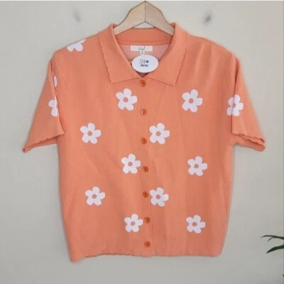 Suéter de manga curta novo com etiquetas cavalete laranja branco margarida floral botão frontal tamanho médio - Imagem 1 de 4
