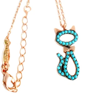 Katzen Halskette 925er Silber rosévergoldet Collier Zirkonia türkis + Box Kurc1 - Bild 1 von 7