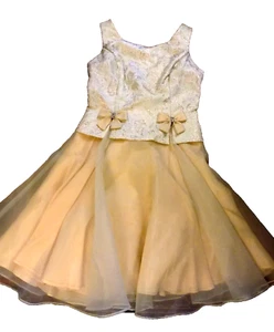 Vtg FABULOUS Gold Green Brocade Rhinestone Bows Poofy Skirt Netting Party Dress - Picture 1 of 23