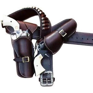 Cowboy Western Leather Gun Holster with Belt For Dual Revolver Rig .22 .44 .45 - Picture 1 of 7