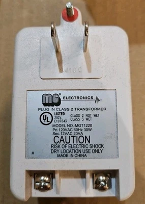 Nuevo transformador MGT-1220 MG Electronics Clase II 12 voltios CA 20 VA UL/CSA enchufable Foto 1 de 4