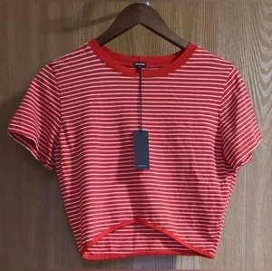 Monrow Striped Crop Top Women's Red/White Crew Neck Pullover Short Sleeve Size M - Picture 1 of 4