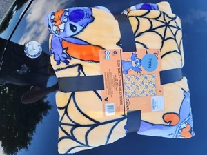 NWT Disney Stitch Halloween Orange Bats & Spiderwebs Twin Blanket - Picture 1 of 2