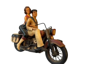 Vintage Couple on a Harley Davidson Motorcycle Resin Sculpture 21"x14.5" Love - Picture 1 of 17