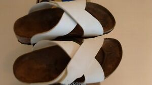 Birki's BirkoFlor Slides Dijon Ladies Cross Strap Buckle Sandals White, 5.5-6