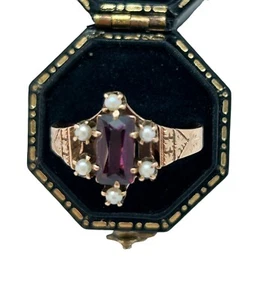 Victorian Bohemian Garnet & Pearl Ring 10k Rose Gold Size 8.5 - Picture 1 of 12