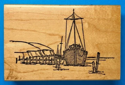 Art Impressions 木质橡皮图章帆船码头 P-1493 1996 — 第 1/2 张图片