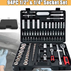 94PC 1/2" & 1/4" Socket Set Screwdriver Bit Torx Ratchet Case Tool Kit With Case - Picture 1 of 12