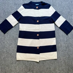 J. McLaughlin Thick Cotton White Blue Big Stripped Cardigan Size L Wood Buttons - Foto 1 di 11