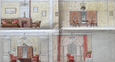 Antique Original Drawing Architecture, Interior, Sofa, Chairs - Image 1 of 4