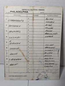 Philadelphia Phillies 1973 gioco usato arbitro line up card Mike Schmidt - Foto 1 di 2