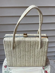 Vintage MCM Ivory Woven Soft Plastic or Rubber Box Handbag Purse - Top Clasp - Picture 1 of 6