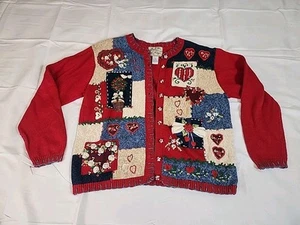 Vintage Heirloom Collectibles Knit Cardigan Sz L Hearts Valentines Ugly Sweater  - Picture 1 of 9
