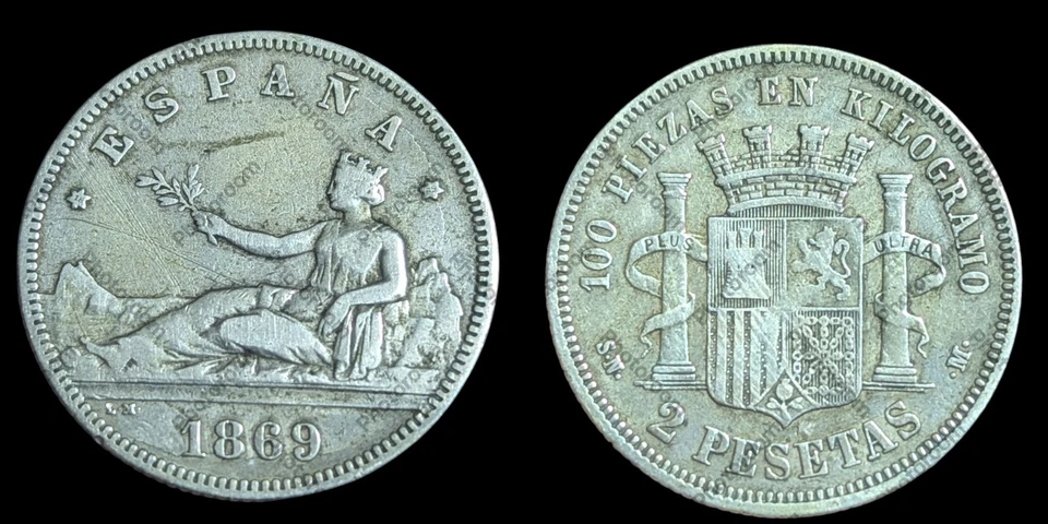 Spain 1869 2 Pesetas Silver Better Grade - Image 1 of 3
