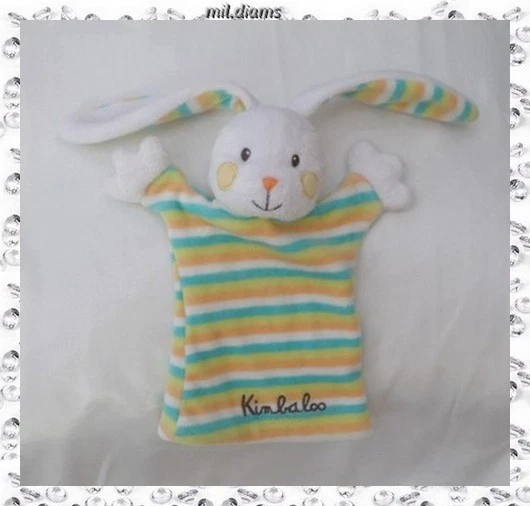 Doudou Marionnette Lapin Blanc Rayures Bleu Jaune Orange Kimbaloo - Photo 1/1