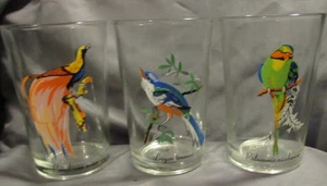 Vintage set of 3 Exotic Tropical Birds Juice Glasses 4 in Tall - Picture 1 of 4