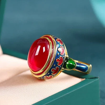 Anillo Rubí Flor Esmaltada Vintage - Exquisito Cabujón Rojo Foto 1 de 4