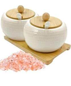 2 Pots Salt Cellar Set, White Ceramic Pots & Bamboo Lid 4.84 x 3.45 inch - Picture 1 of 6