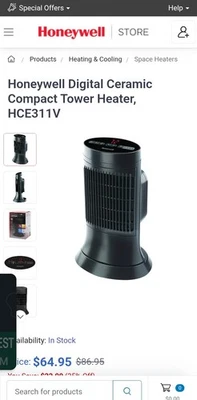 Calentador de torre compacto digital de cerámica Honeywell, Hce311v - Cerámica - Eléctrico - Foto 1 de 4