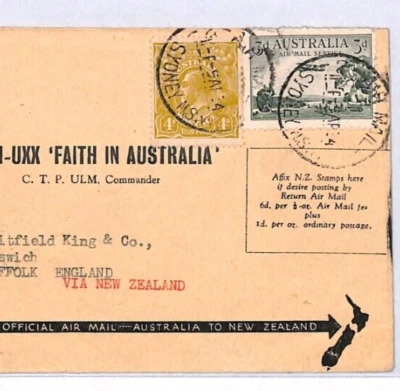 AUSTRALIA Air Mail Cover FIRST FLIGHT GB Suffolk Ipswich NZ Sydney 1934 YM126 — 第 1/4 张图片