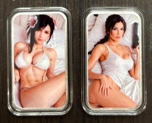 Videospiel Hotties 2-seitiger Barren Laura Croft & Tifa 1 Oz .999 Silber Kunstbarren mit Echtheitszertifikat - Bild 1 von 3