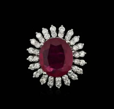 Magnificent Flower Design Deep Dark Red 11.60CT Ruby & 2.10CT White CZ Fine Ring - Image 1 of 3