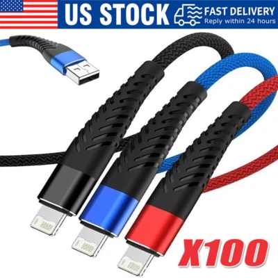 Braided Fast Charger Cable Heavy Duty USB lot Cord For iPhone 14 13 12 11 X XR 8 - Image 1 of 4