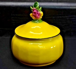 Vintage Bavaria 3040 - Yellow 4.5" Sugar Dish w/ Lid Floral Handle (673) - Picture 1 of 10