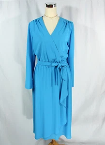 Vintage Rainbow of California Martin Blue Aqua Belted Blouson Wrap Dress M 1970s - Picture 1 of 7