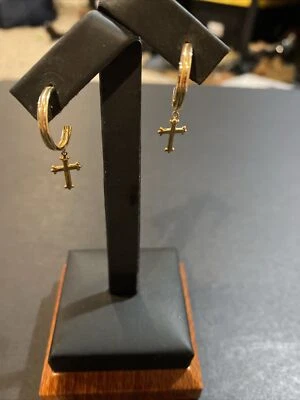 JCM 14K Yellow Gold Hoop Cross Dangle Earrings - Image 1 of 4