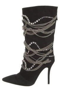 $2450 GIUSEPPE ZANOTTI BOOTS BLACK SUEDE CRYSTAL & CHAIN EMBELLISHED SZ 9 39 - Picture 1 of 8
