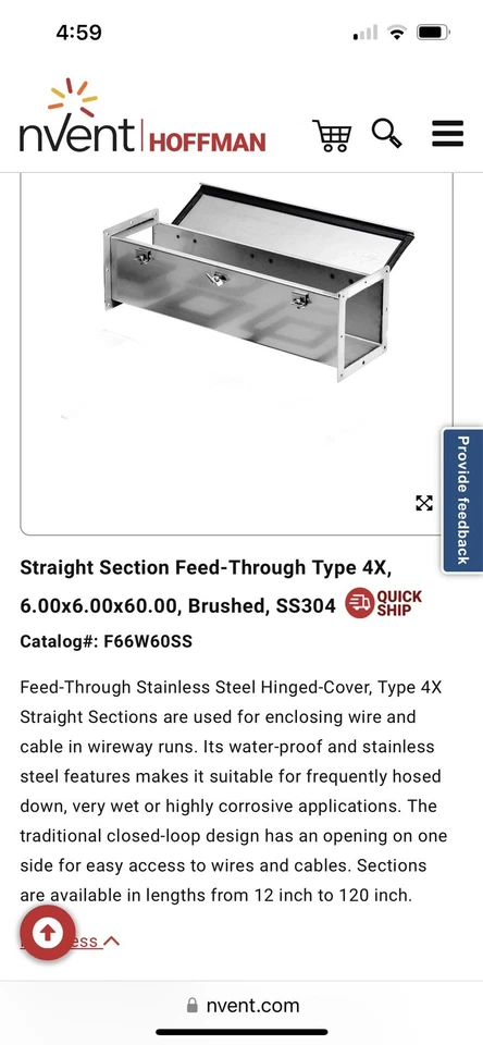 nVent Hoffman F66W60SS stainless steel feed through wireway NEMA Type 4, 4X New