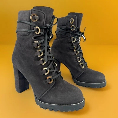 STUART WEITZMAN СЕРЫЙ ЗАМШЕВЫЙ БОЕВОЙ ЗАЖИМ ПОДОШВА ШНУРУЕТ ВВЕРХ БЛОК КАБЛУКА БОТИЛЬОНЫ США 7 - Изображение 1 из 4