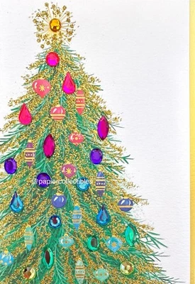 NEW! Papyrus Rainbow Giant Jewels Glitter Watercolor Christmas Tree Card - Image 1 of 4