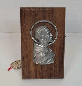 Vintage Franz von Assisi handgefertigt Zinn Holz Plakette Ständer Italien 2,5 x 4,25 - Bild 1 von 8