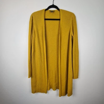 Cardigã Eileen Fisher suéter S 100% lã malha frente aberta amarelo mostarda com nervuras - Imagem 1 de 4