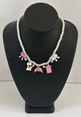 Betsey Johnson Faux Pearl Baking Themed Necklace w/ Rhinestones Pink Charms NWT - Image 1 of 4