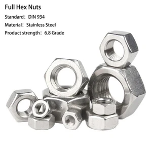 A2 304 Stainless Steel Hex Nuts M1 M2 M3 M4 M5 M6 M8 - M24 Hex Full Nuts DIN 934 - Picture 1 of 30