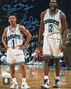 Muggsy Bogues Larry Johnson dual signed insc 8x10 NBA Charlotte Hornets JSA - Picture 1 of 3