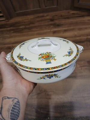 Vintage PAREEK Johnson Brothers  England Round Vegetable Bowl W Lid Fruit Motif - Image 1 of 4