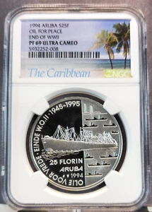 1994 ARUBA SILVER 25 FLORIN END OF WWII NGC PF 69 ULTRA CAMEO SCARCE COIN - Picture 1 of 3