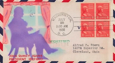 US 811 FDC Block Risko Art Hand Painted John Quincy Adams - Image 1 of 2