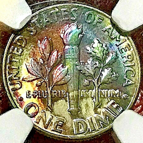 RAINBOW TONED! 1969-D ROOSEVELT DIME NGC MS-65 Cover