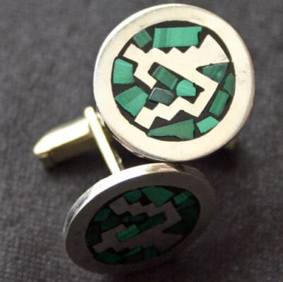 Винтажные запонки с малахитовой мозаикой MEXICO STERLING - Изображение 1 из 3