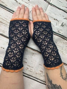 Pure cashmere fingerless gloves / arm warmers, col: Blue / Orange - Picture 1 of 3